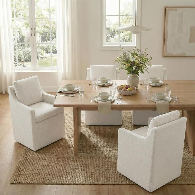 KISLOT Upholstered Dining Chairs Set of 4, Modern Dining Room Chairs with Casters & Washable Cover, Rolling Accent Chair with Hidden Storage for Kitchen, Farmhouse, Living Room, Linen Fabric, 4 Box