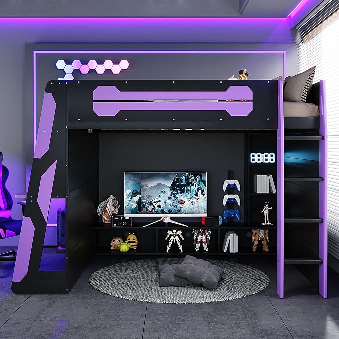 Merax Full Size Loft Bed with Desk, Multi-Storage Shelves and RGB Light | Space-Saving Wooden Gaming Bed Frame with Charging Station and Guardrail