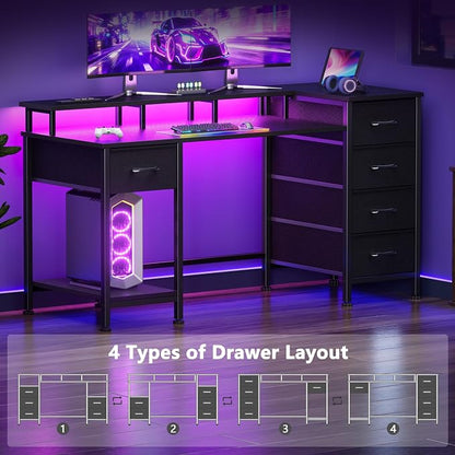 Korfile 47 Inch Computer Gaming Desk with Power Outlets & LED Lights Reversible Home Office Desk with Adjustable 5 Fabric Storage Drawers for Working Writing Study, Carbon Fiber Black