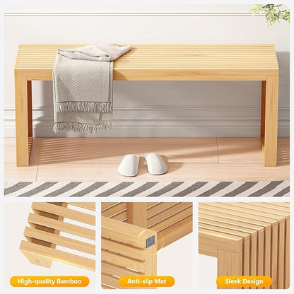 Bamboo Dining Bench, 35'' Slatted Design Entryway Bench, Natural | Modern Solid Bamboo Seating Bench for Indoor & Outdoor Use, Ideal for Kitchen, Hallway, Bedroom