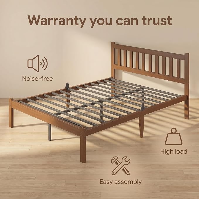 Askeld Bamboo Queen Bed Frame with Headboard, 14 Inch High Wood Platform Bed No Box Spring Needed, Modern Minimalist Heavy Duty Bedframe, Easy Assembly, Noise Free, Walnut Color