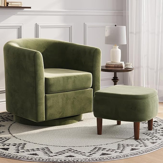 Swivel Accent Chair with Storage Ottoman, Small Modern Velvet Barrel Chair, Upholstered Armchair with Footrest for Living Room/Reading/Bedroom, 24.8'' D x 25.38'' W x 25.6'' H, Green