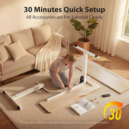 Cubiker Standing Desk, 63x28 Inches Sit Stand Home Office Desk, Electric Stand up Desk, Adjustable Desk with Splice Board, White Frame/Maple Top