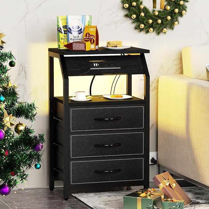 SZLHANJZ End Table with 3 Drawers, Nightstand with Charging Station and LED Lights, Small Fabric Night Stand for Bedside, Storage Side Table for Living Room Dorm, Black