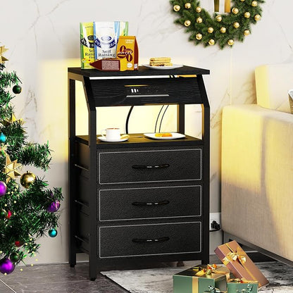 SZLHANJZ End Table with 3 Drawers, Nightstand with Charging Station and LED Lights, Small Fabric Night Stand for Bedside, Storage Side Table for Living Room Dorm, Black