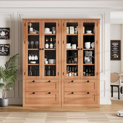 71" Tall Kitchen Pantry Cabinet - Modern Display Storage Cabinet with 2 Large Drawers, Glass Doors, and Adjustable Shelves, Farmhouse Kitchen Cupboard for Dining Room, Bathroom, Living Room, Walnut