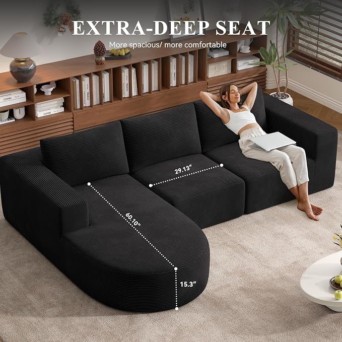 L-Shaped Boneless Couch,104" Couches for Living Room with Curved Chaise,Modular Sectional Sofa with Deep Seat,Modern Cozy Cloud Compression Sofas,No Assembly Required(Black) 1PCS