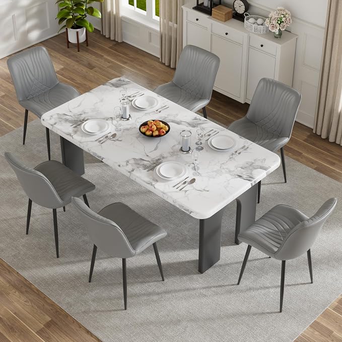 VECELO Dining Chairs Set of 6, Modern Upholstered Faux Leather Cushion Seat and Metal Legs for Kitchen, Living Room, Grey