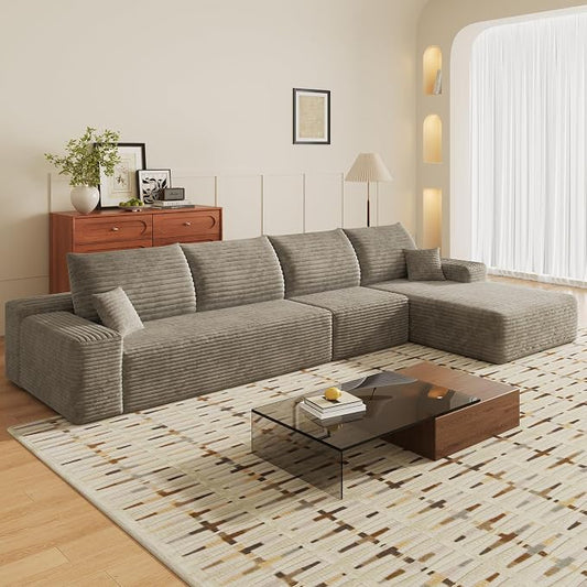 135" Corduroy Couch Sectional with Chaise, L Shape Boneless Cloud Couches for Living Room Bedroom, Fluffy Deep Seat Compression Sofa, Modular Corner Couch No Assembly, Right Facing Chaise, Camel