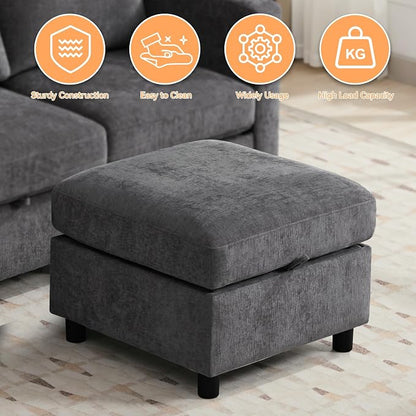 WUTUTUEE 25" Square Storage Ottoman for Modular Couch, Convertible Footrest with Hidden Compartment, Chenille Upholstered Coffee Table & Extra Living Room Seating, Dark Grey