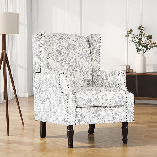 High Back Floral Accent Chair, Fabric Wingback Chair Upholstered Armchair for Living Room - Rococo Light Gray