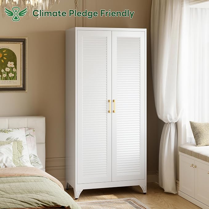 71" Louvered Metal Storage Cabinet with Doors and Shelves, White Steel Armoire Wardrobe Closet with Sturdy Hanging Rod for Home Office Bedroom, 18" Deep