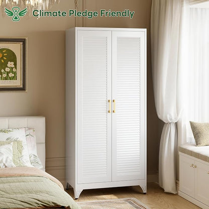 71" Louvered Metal Storage Cabinet with Doors and Shelves, White Steel Armoire Wardrobe Closet with Sturdy Hanging Rod for Home Office Bedroom, 18" Deep