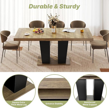 Zevemomo 63"-78.7" Expandable Dining Table, 6-10 Rectangle Table, Extendable Console Table, Wooden Farmhouse Kitchen Table with Metal Track & Dual Column Base for Living, Office-Brown