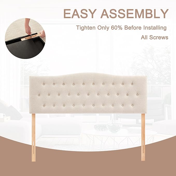 Tufted Headboard King Size, Solid Wood Adjustable Height Head Board, Beige | Upholstered King Headboard Only with Durable Solid Wood Legs, Adjustable Height 37-51 in, Fabric Button Diamond HeadBoards