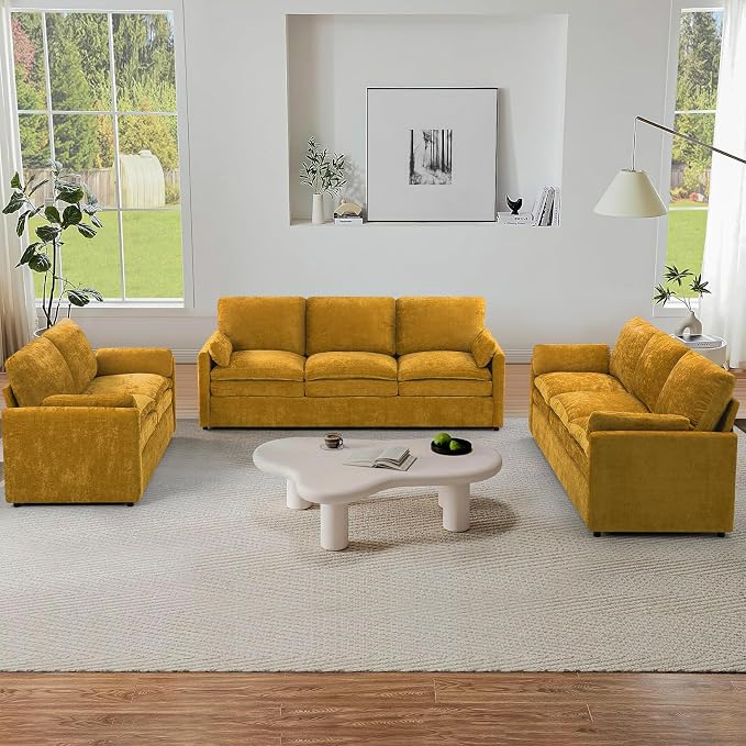 3 Pieces Chenille Sofa Set w/Arm Pillows, Upholstered Loveseat & 2 Pieces 3 Seater Sofa w/Comfortable Back Cushions, Modern 2-Seat & 3-Seat w/High-Density Foam for Living Room, Yellow