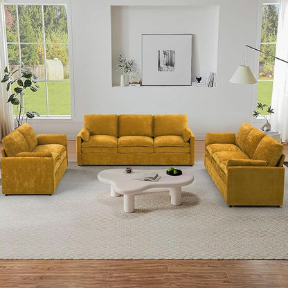 3 Pieces Chenille Sofa Set w/Arm Pillows, Upholstered Loveseat & 2 Pieces 3 Seater Sofa w/Comfortable Back Cushions, Modern 2-Seat & 3-Seat w/High-Density Foam for Living Room, Yellow