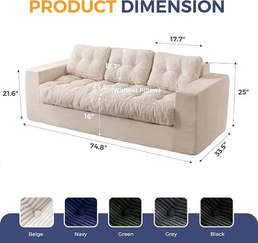 MAXYOYO Oversized Loveseat Sofa Couch, Upholstered Bean Bag Chair Cloud 3-Seat for Adults, Boneless Couch with Tufted Cushion & Pillows, Sofa in A Box, No Assembly Required, Beige