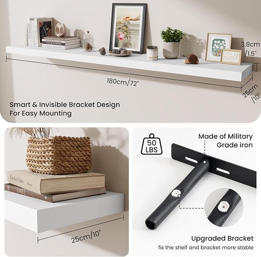 Fun Memories 72 Inch Fireplace Mantel Shelf, 10 Inch Deep Shelves for Display & Wall Storage, Rustic Wood Wall Shelf, Extra Long Floating Shelves for Living Room Laundry Room, White, Set of 1