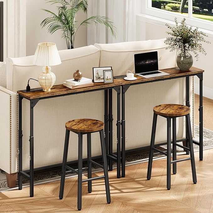 CHOEZON 59.1" Narrow Console Table with Adjustable Height (21.1"-29.9"), Set of 2, Behind Couch Table, Entryway Table with Power Outlet, Sofa Table for Entryway, Rustic Brown and Black TXG10UP2BF
