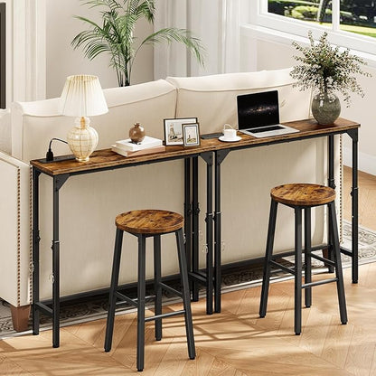 CHOEZON 59.1" Narrow Console Table with Adjustable Height (21.1"-29.9"), Set of 2, Behind Couch Table, Entryway Table with Power Outlet, Sofa Table for Entryway, Rustic Brown and Black TXG10UP2BF