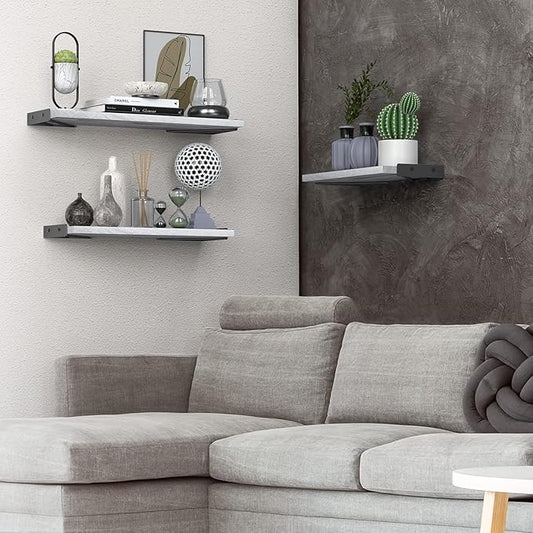 BAYKA Wall Shelves for Bedroom Decor, Floating Wall Shelves for Living Room Kitchen Storage, Mounted Rustic Wood Floating Shelves for Kids Books,Corner Shelves for Bathroom(Gray White，Set of 3)