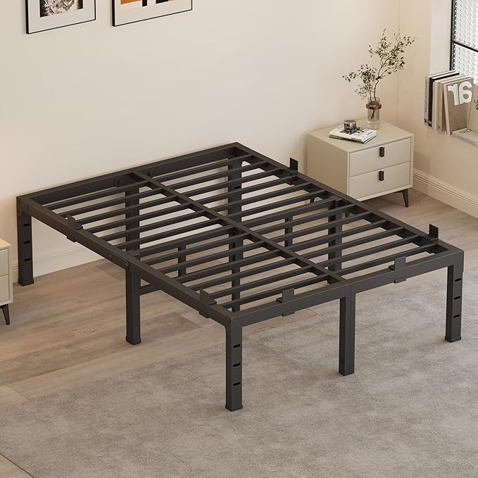 16 Inch Queen Bed Frames,Heavy Duty Metal Queen Size Platform 3500 lbs Capacity, No Box Spring Needed, 6 Mattress Slide Stopper, Headboard Holes, Noise-Free, Easy Assembly