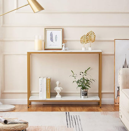 loglus Console Table for Entryway, Faux Marble MDF Indoors Sofa Table with Golden Frame for Small Rooms, Double Layer, White Marble, 9.45" D x 38.19" W x 29.72" H