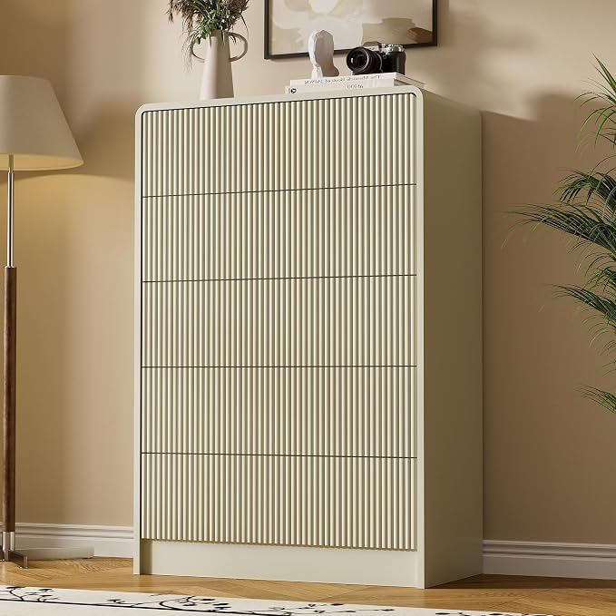 Furniway Beige 5 Drawer Dresser for Bedroom, Curved Tall Dresser with Push-to-Open Design, Chest of Drawers for Bedroom, Living Room, Hallway, 15.7”D x 32”W x 47.2”H