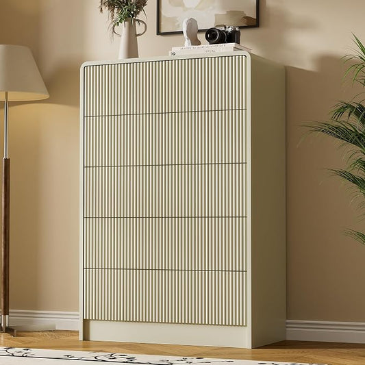 Furniway Beige 5 Drawer Dresser for Bedroom, Curved Tall Dresser with Push-to-Open Design, Chest of Drawers for Bedroom, Living Room, Hallway, 15.7”D x 32”W x 47.2”H