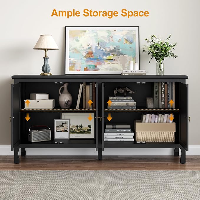 RoyalCraft 63'' Sideboard Buffet Cabinet with Storage, Accent Cabinet Credenza with 4 Doors and Adjustable Shelves, Vintage Media Console for Entryway, Living Room, Kitchen, Satin Black