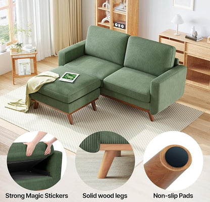 Vesgantti 68" Loveseat Sofa with Movable Ottoman, Comfy Corduroy Couch with Spring Cushion, Sofa Couch with Solid Wood, Modern Office Sofa with Deep Seat for Living Room and Bedroom, Green