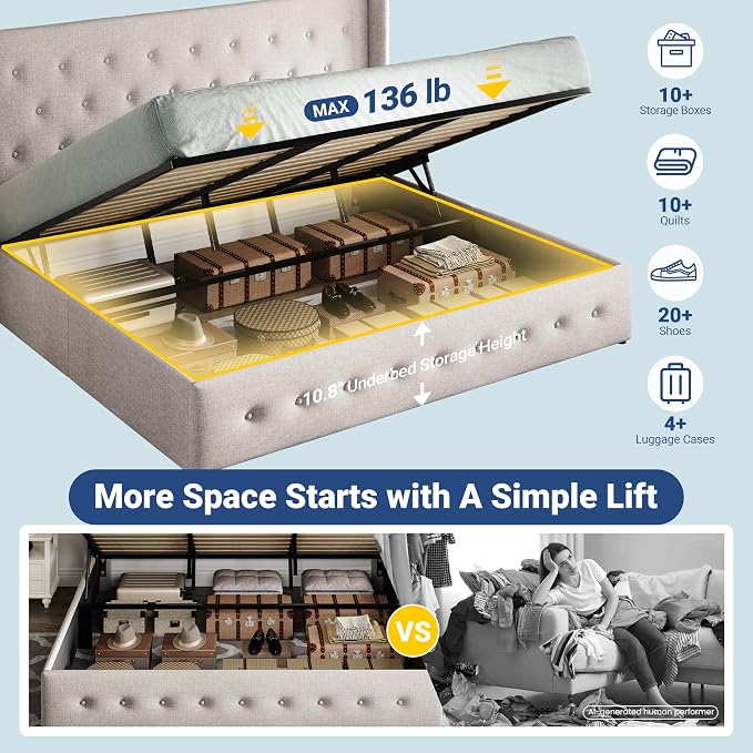 Allewie King Size Lift Up Storage Bed, Button Tufted Headboard with Wingback, Hydraulic Support, No Box Spring Needed, Light Beige