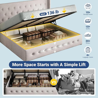 Allewie King Size Lift Up Storage Bed, Button Tufted Headboard with Wingback, Hydraulic Support, No Box Spring Needed, Light Beige