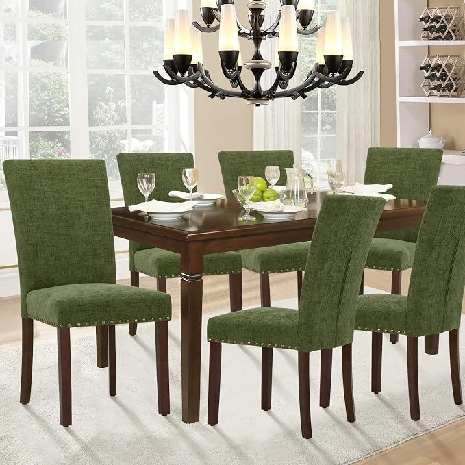 Parsons Dining Chairs Set of 6, Upholstered Nailhead Dining Room Kitchen Side Chair with Thick Cushions and Wood Legs, Green