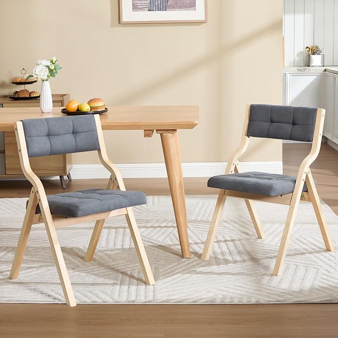 2-Pack Folding Dining Chairs with Cushion,Linen Padded Foldable Dining Chairs,Portable Wooden Folding Chairs for Dining Rooms Kitchen Wedding and Party Indoor Darkgrey
