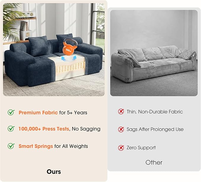 83.5" Boneless Loveseat with Ottoman, 30" Deep Seat Modular Sofa, Cloud Comfy Couches for Living Room, Apartment, Bedroom, No Assembly Required (Blue)