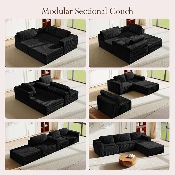 Vesgantti 119" L-Shaped Modular Sectional Sofa, Corduroy Cloud Couch with Deep Seating & Spring Support, Flexible Layout Sofa with Ottoman, Boneless Style, No Assembly Required, Black