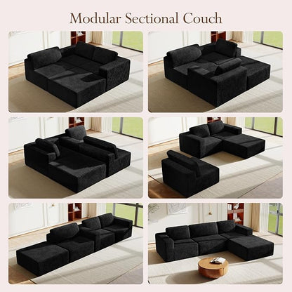 Vesgantti 119" L-Shaped Modular Sectional Sofa, Corduroy Cloud Couch with Deep Seating & Spring Support, Flexible Layout Sofa with Ottoman, Boneless Style, No Assembly Required, Black