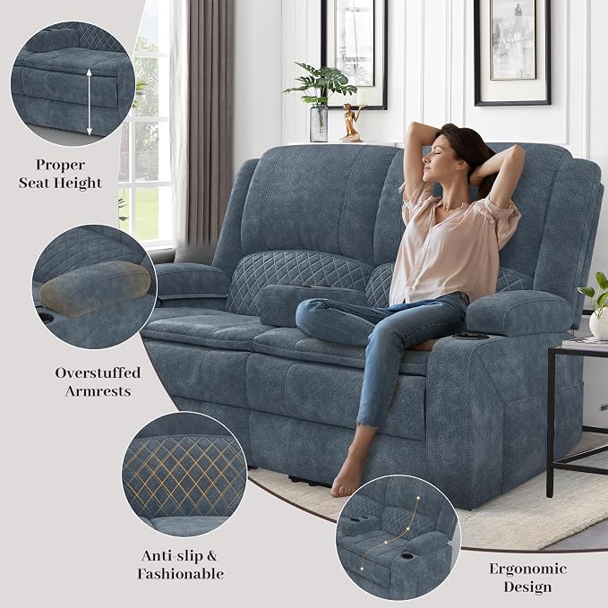 Yolsali Loveseat Recliner Sofa, Manual Reclining Loveseat with Removable Armrest, Fabric 2 Seater Couch for RV with 2-Tier Cushions, USB Charging Ports, Cup Holders - Blue