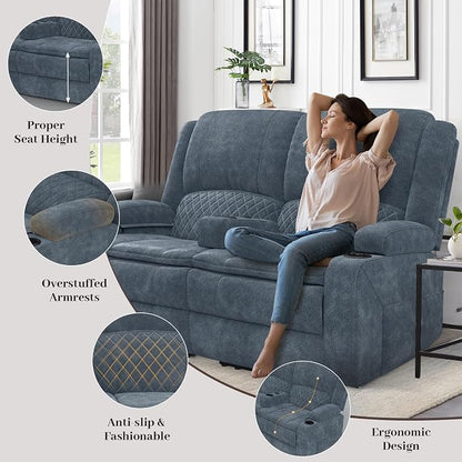 Yolsali Loveseat Recliner Sofa, Manual Reclining Loveseat with Removable Armrest, Fabric 2 Seater Couch for RV with 2-Tier Cushions, USB Charging Ports, Cup Holders - Blue