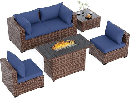 UDPATIO Patio Furniture Set with Fire Pit Table, 5 Piece Outdoor Sectional Sofas, All-Weather Wicker Conversation for Garden, Backyard, Navy Blue