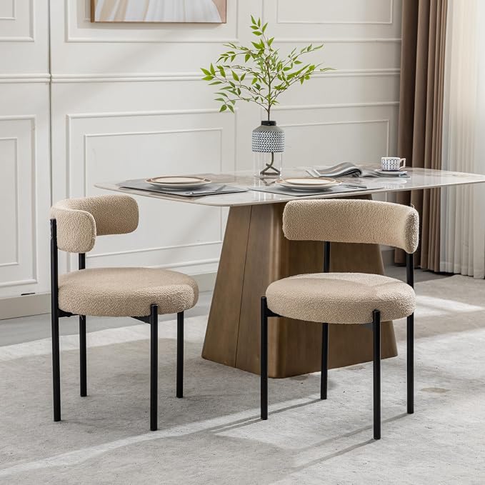 Boucle Dining Chairs Set of 2, Beige Dining Chairs with Upholstered Seat and Round Back, Mid-Century Modern Kitchen Chairs for Dining Room, Restaurant