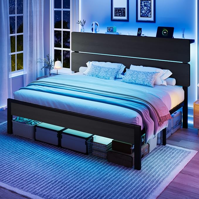 SHA CERLIN King Size Bed Frame with Led Light & Built-in Charging Station, Wooden Headboard with Storage Shelf, Metal Platform Bed, Under Bed Storage, No Box Spring Needed, Noise Free, Black