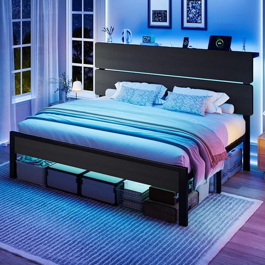 SHA CERLIN King Size Bed Frame with Led Light & Built-in Charging Station, Wooden Headboard with Storage Shelf, Metal Platform Bed, Under Bed Storage, No Box Spring Needed, Noise Free, Black