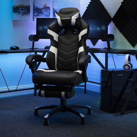 Respawn 110 Pro Ergonomic Gaming Chair with Footrest for Adults - Comfortable Office Gaming Recliner with Lumbar Support and Headrest, Racing Style Video Game Chairs for Computer Gamer - White