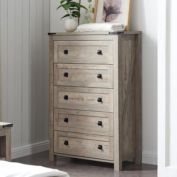 T4TREAM 48" Tall Farmhouse 5-Drawer Dresser for Bedroom, Light Rustic Oak | Rustic chests of drawers, Wood Storage Cabinet, Metal Handle, Unique Corner Accent, Bedroom, Living Room, Hallway