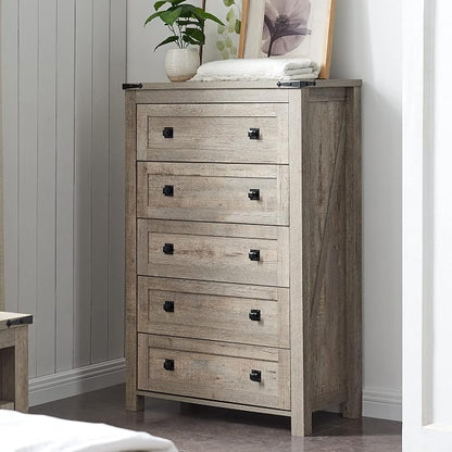T4TREAM 48" Tall Farmhouse 5-Drawer Dresser for Bedroom, Light Rustic Oak | Rustic chests of drawers, Wood Storage Cabinet, Metal Handle, Unique Corner Accent, Bedroom, Living Room, Hallway