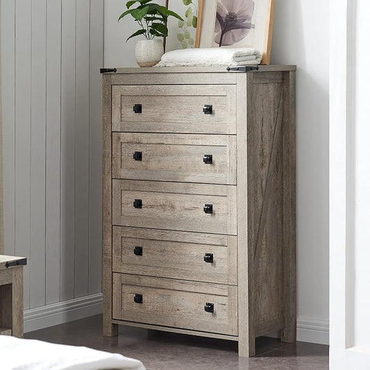 T4TREAM 48" Tall Farmhouse 5-Drawer Dresser for Bedroom, Light Rustic Oak | Rustic chests of drawers, Wood Storage Cabinet, Metal Handle, Unique Corner Accent, Bedroom, Living Room, Hallway