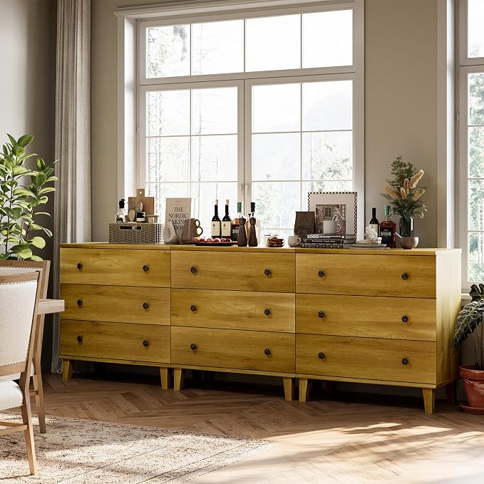 Rustic Drawer Dresser with 9 Drawers 3 in 1 Storage Dressers Organizer for Bedroom, Kids Room Living Room,Brown Oak